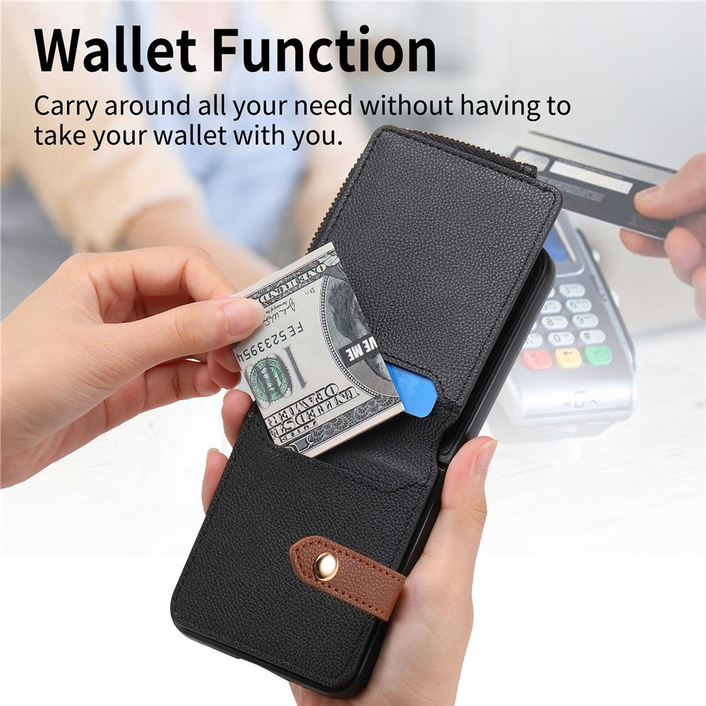 For Samsung Galaxy Z Flip7 5G Case Zipper Pocket Leather + PC Phone Cover with Ring Holder - Black