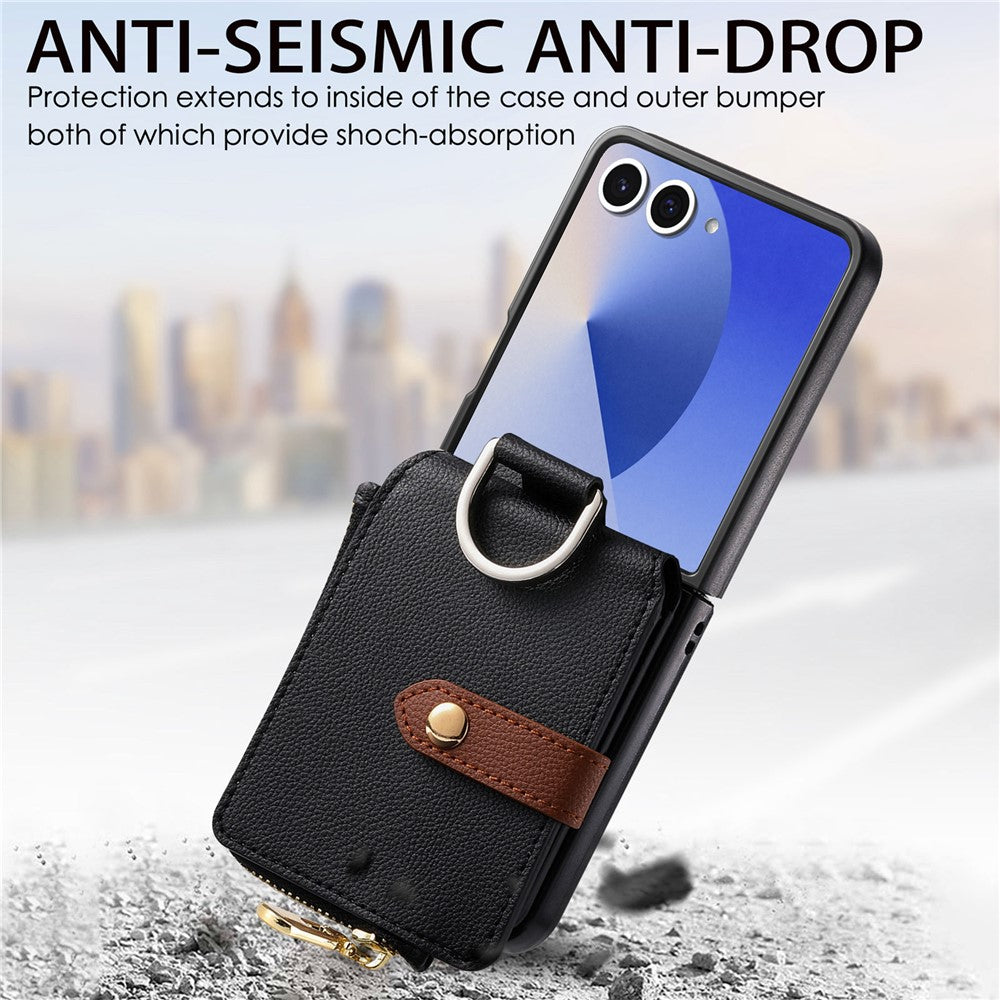 For Samsung Galaxy Z Flip7 5G Case Zipper Pocket Leather + PC Phone Cover with Ring Holder - Black