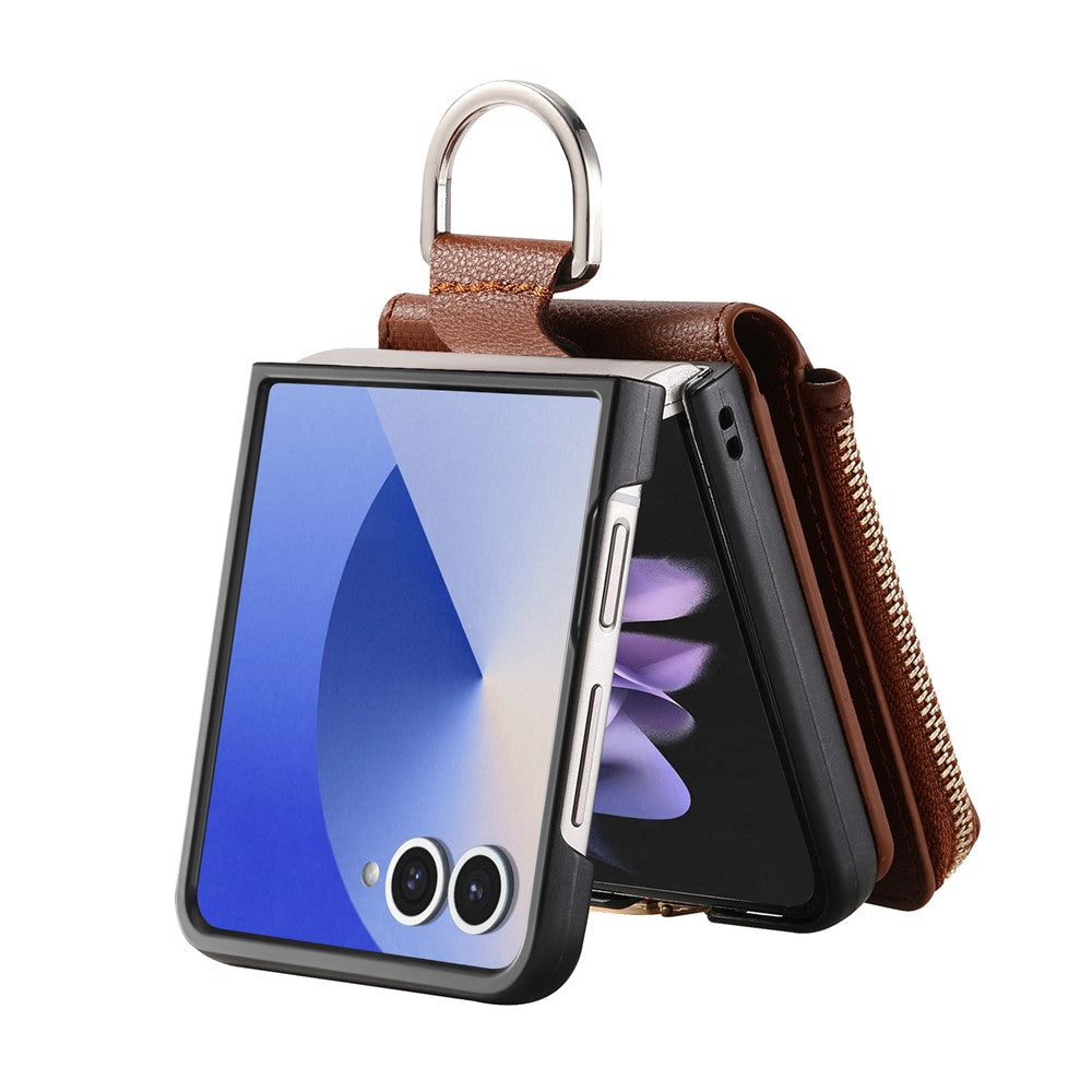For Samsung Galaxy Z Flip7 5G Case Zipper Pocket Leather + PC Phone Cover with Ring Holder - Brown