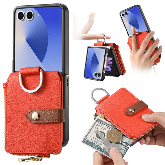 For Samsung Galaxy Z Flip7 5G Case Zipper Pocket Leather + PC Phone Cover with Ring Holder - Orange