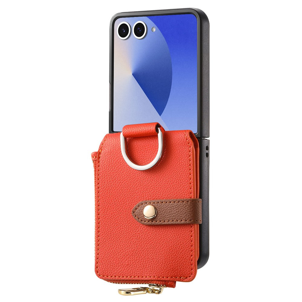 For Samsung Galaxy Z Flip7 5G Case Zipper Pocket Leather + PC Phone Cover with Ring Holder - Orange