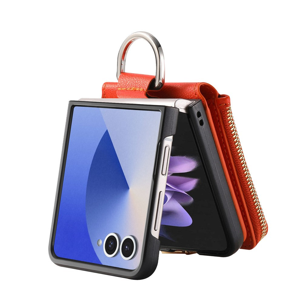 For Samsung Galaxy Z Flip7 5G Case Zipper Pocket Leather + PC Phone Cover with Ring Holder - Orange