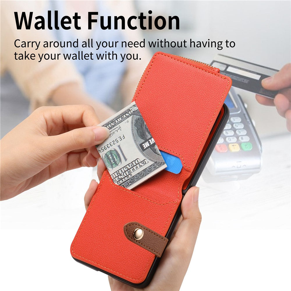 For Samsung Galaxy Z Flip7 5G Case Zipper Pocket Leather + PC Phone Cover with Ring Holder - Orange