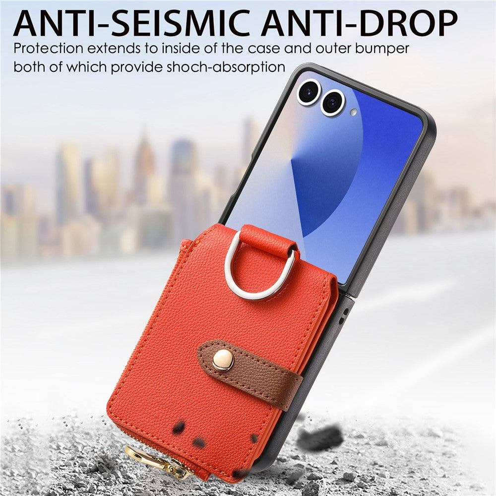 For Samsung Galaxy Z Flip7 5G Case Zipper Pocket Leather + PC Phone Cover with Ring Holder - Orange