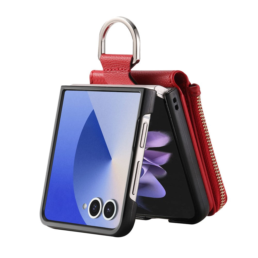 For Samsung Galaxy Z Flip7 5G Case Zipper Pocket Leather + PC Phone Cover with Ring Holder - Red
