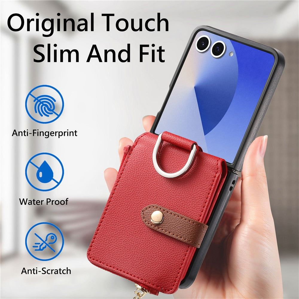 For Samsung Galaxy Z Flip7 5G Case Zipper Pocket Leather + PC Phone Cover with Ring Holder - Red