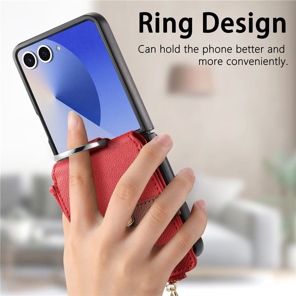 For Samsung Galaxy Z Flip7 5G Case Zipper Pocket Leather + PC Phone Cover with Ring Holder - Red