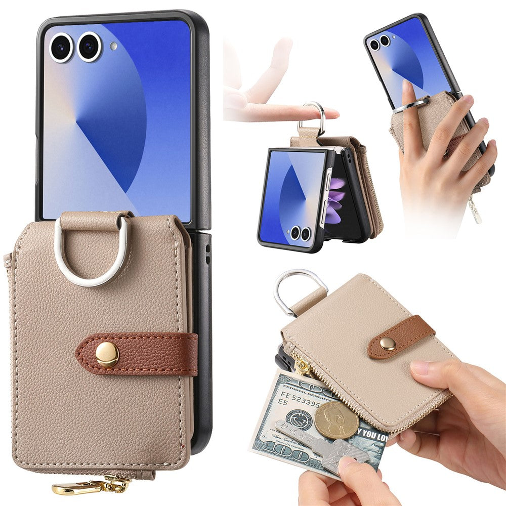 For Samsung Galaxy Z Flip7 5G Case Zipper Pocket Leather + PC Phone Cover with Ring Holder - Khaki