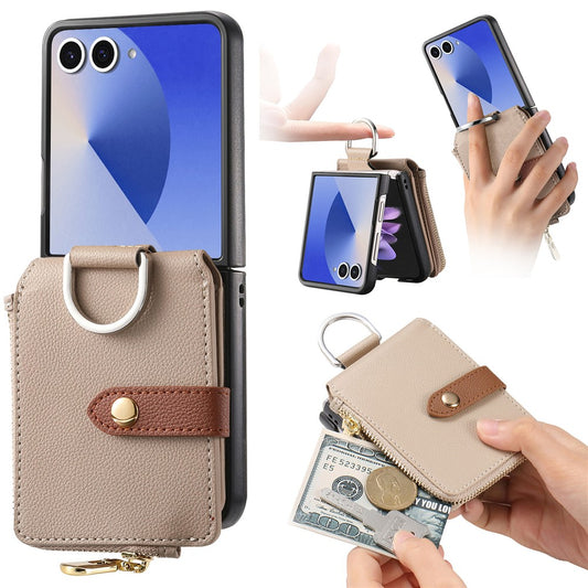 For Samsung Galaxy Z Flip7 5G Case Zipper Pocket Leather + PC Phone Cover with Ring Holder - Khaki