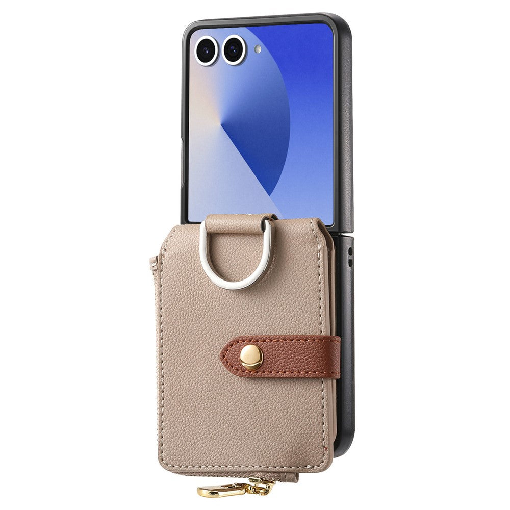 For Samsung Galaxy Z Flip7 5G Case Zipper Pocket Leather + PC Phone Cover with Ring Holder - Khaki