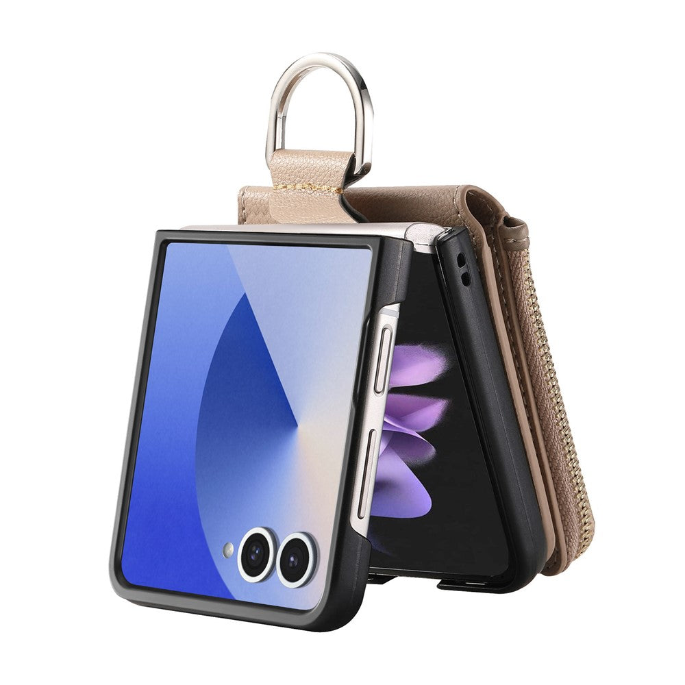 For Samsung Galaxy Z Flip7 5G Case Zipper Pocket Leather + PC Phone Cover with Ring Holder - Khaki