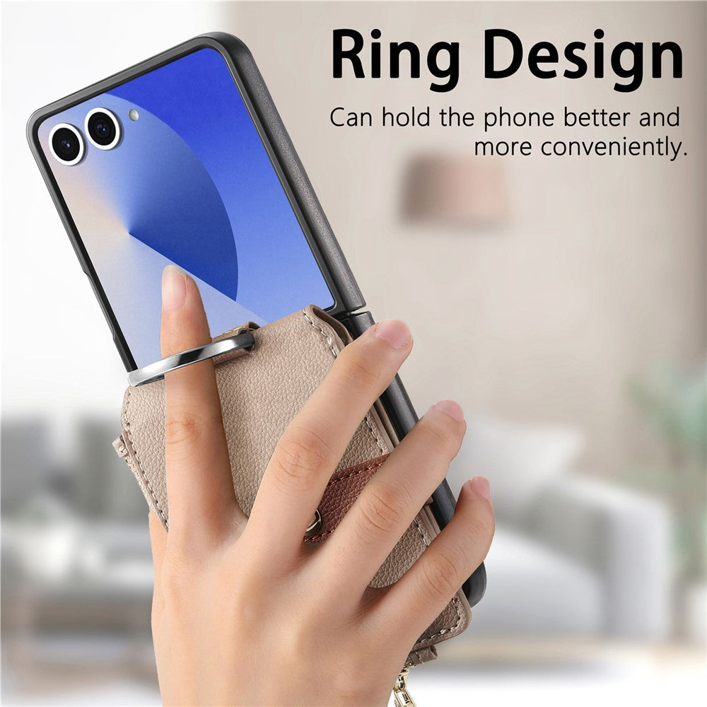 For Samsung Galaxy Z Flip7 5G Case Zipper Pocket Leather + PC Phone Cover with Ring Holder - Khaki