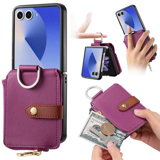 For Samsung Galaxy Z Flip7 5G Case Zipper Pocket Leather + PC Phone Cover with Ring Holder - Purple