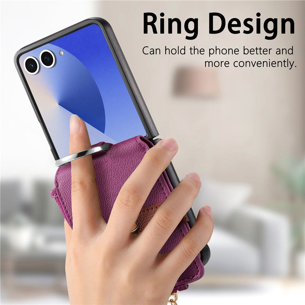 For Samsung Galaxy Z Flip7 5G Case Zipper Pocket Leather + PC Phone Cover with Ring Holder - Purple