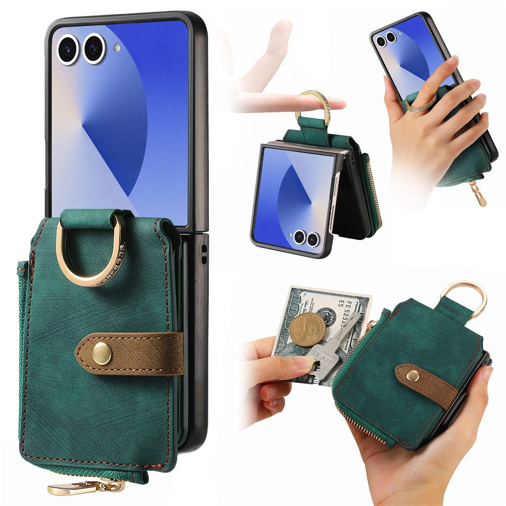 For Samsung Galaxy Z Flip7 5G Case Zipper Pocket Card Holder Retro Texture Leather Back Cover - Green