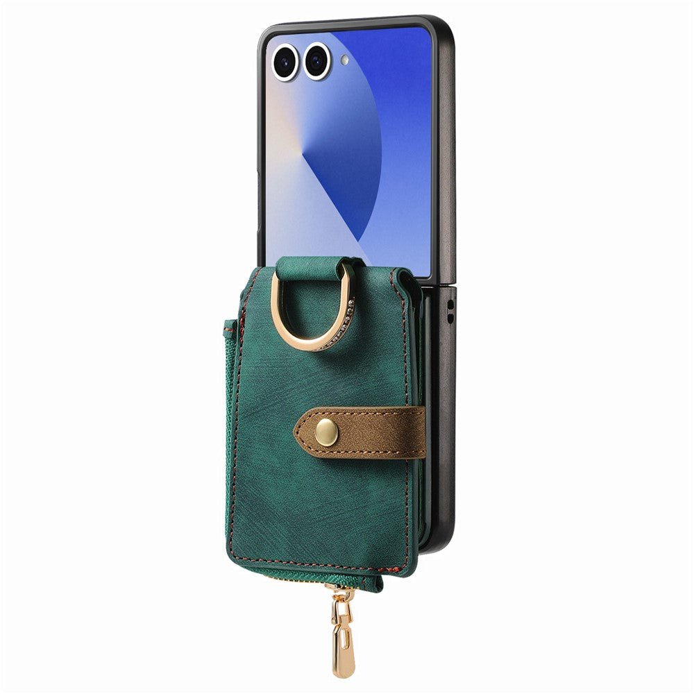 For Samsung Galaxy Z Flip7 5G Case Zipper Pocket Card Holder Retro Texture Leather Back Cover - Green