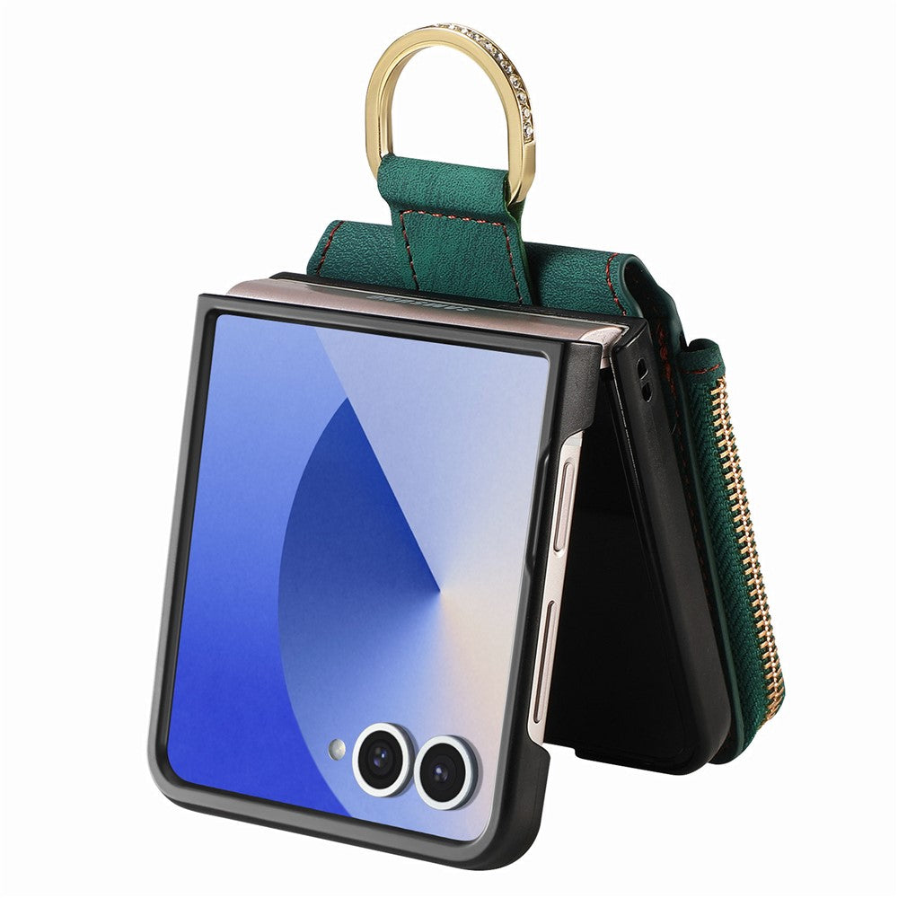 For Samsung Galaxy Z Flip7 5G Case Zipper Pocket Card Holder Retro Texture Leather Back Cover - Green