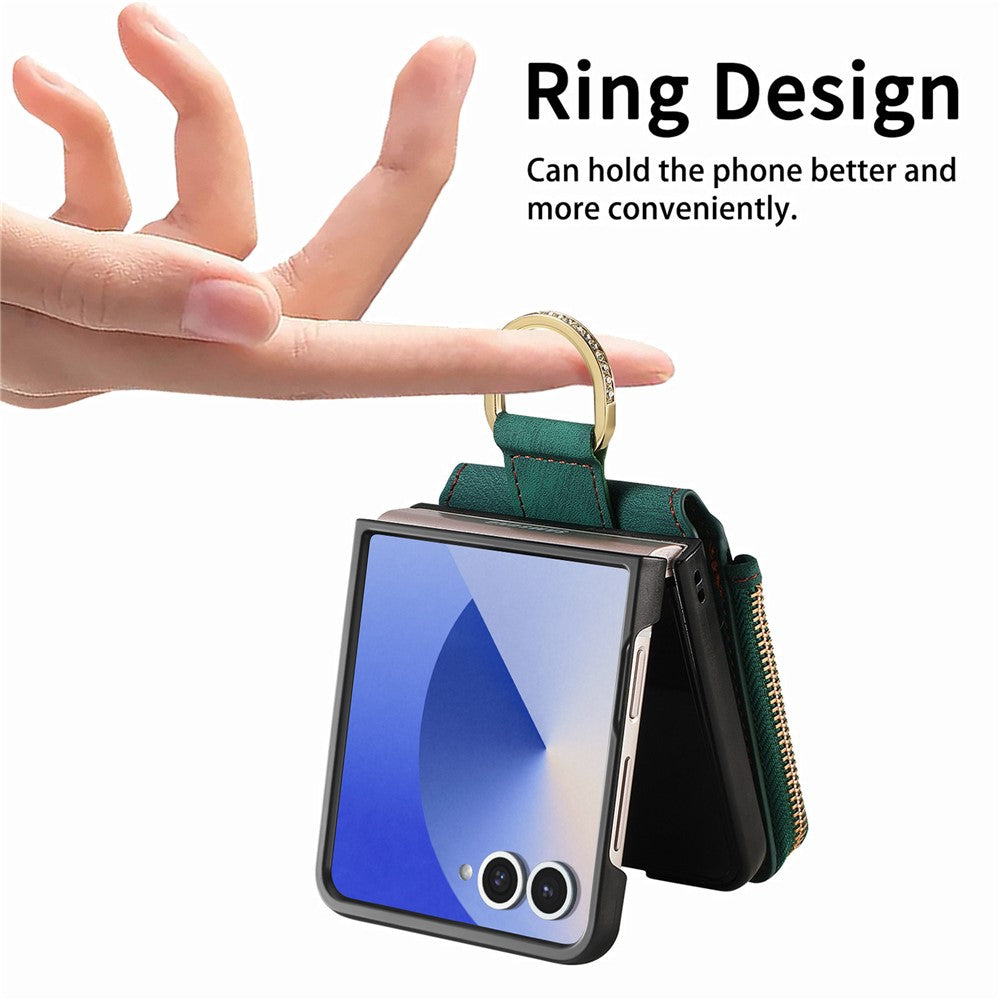 For Samsung Galaxy Z Flip7 5G Case Zipper Pocket Card Holder Retro Texture Leather Back Cover - Green
