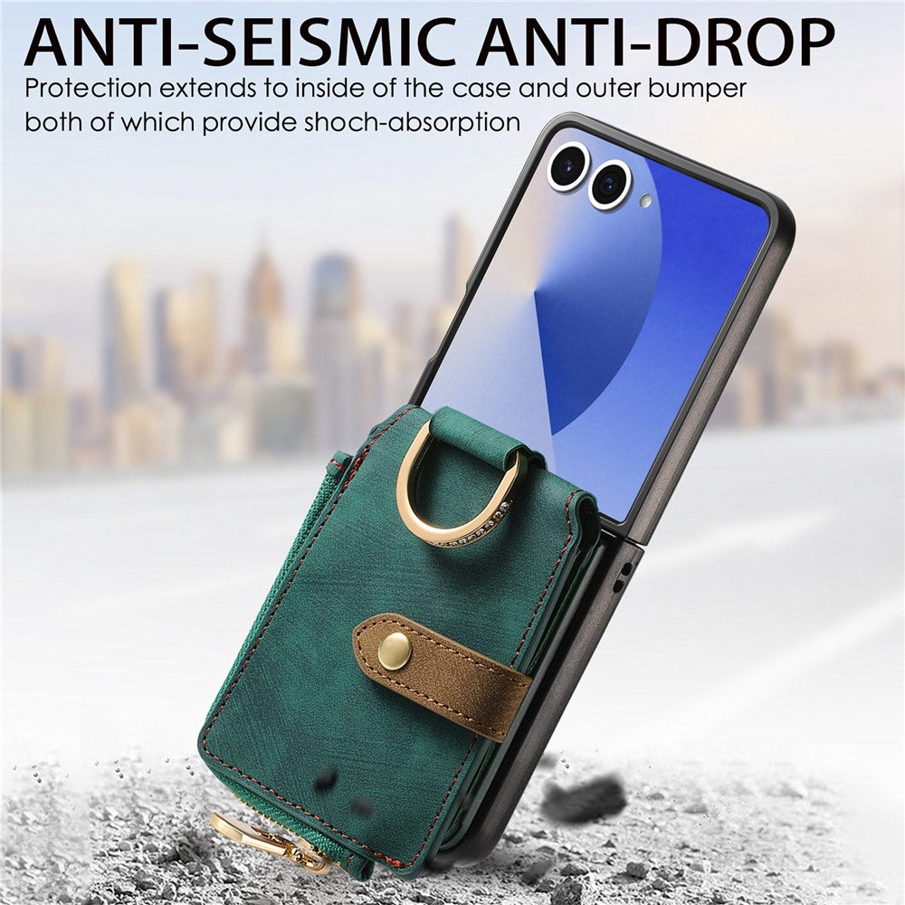 For Samsung Galaxy Z Flip7 5G Case Zipper Pocket Card Holder Retro Texture Leather Back Cover - Green