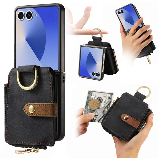 For Samsung Galaxy Z Flip7 5G Case Zipper Pocket Card Holder Retro Texture Leather Back Cover - Black