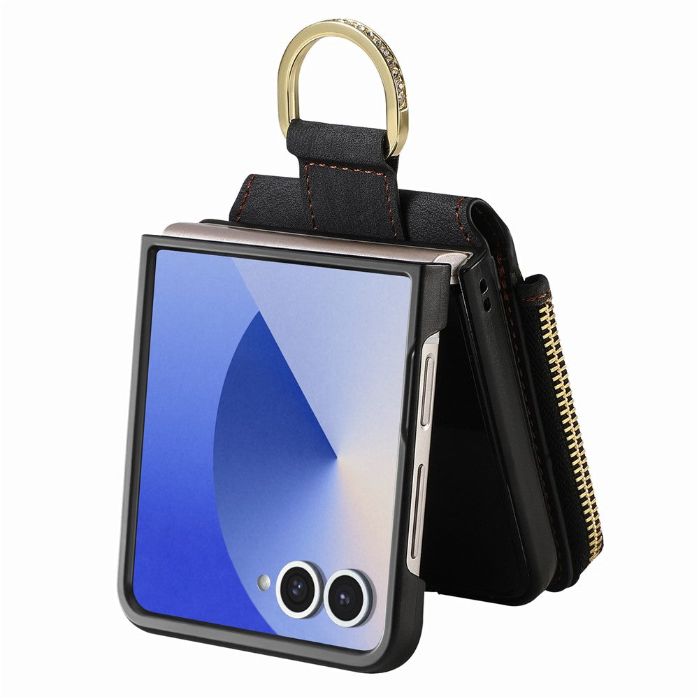 For Samsung Galaxy Z Flip7 5G Case Zipper Pocket Card Holder Retro Texture Leather Back Cover - Black