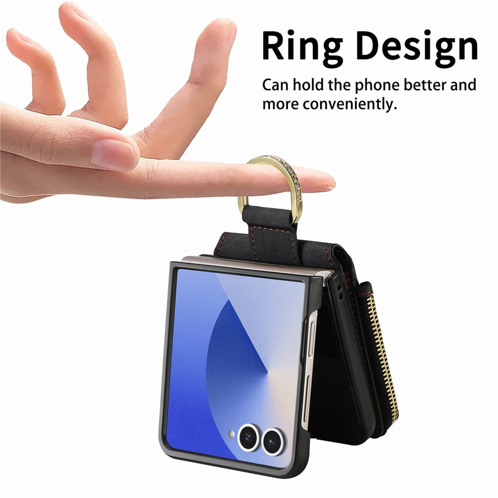 For Samsung Galaxy Z Flip7 5G Case Zipper Pocket Card Holder Retro Texture Leather Back Cover - Black