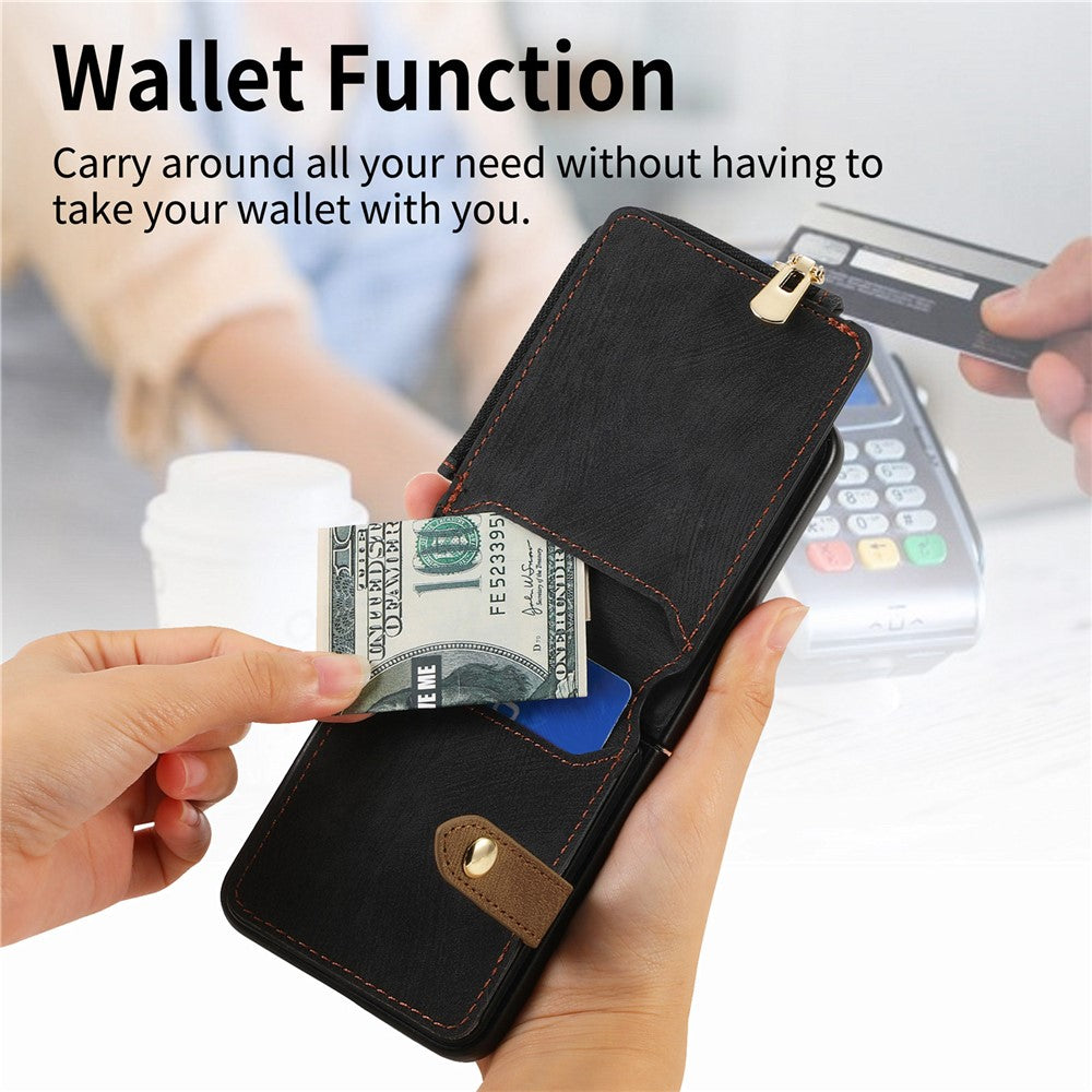 For Samsung Galaxy Z Flip7 5G Case Zipper Pocket Card Holder Retro Texture Leather Back Cover - Black