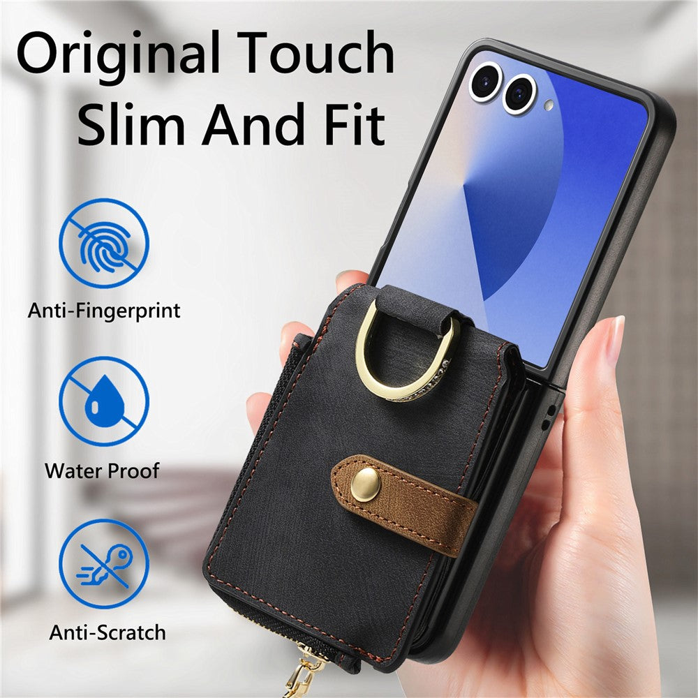 For Samsung Galaxy Z Flip7 5G Case Zipper Pocket Card Holder Retro Texture Leather Back Cover - Black