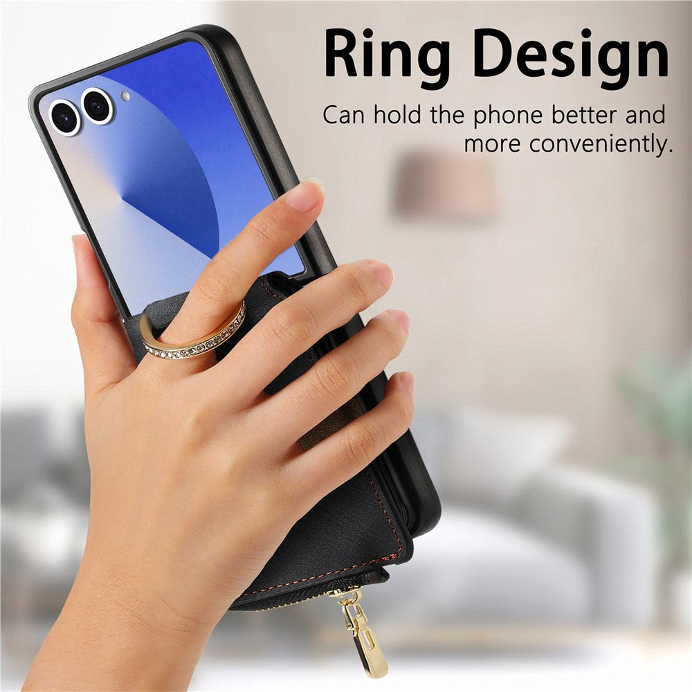 For Samsung Galaxy Z Flip7 5G Case Zipper Pocket Card Holder Retro Texture Leather Back Cover - Black