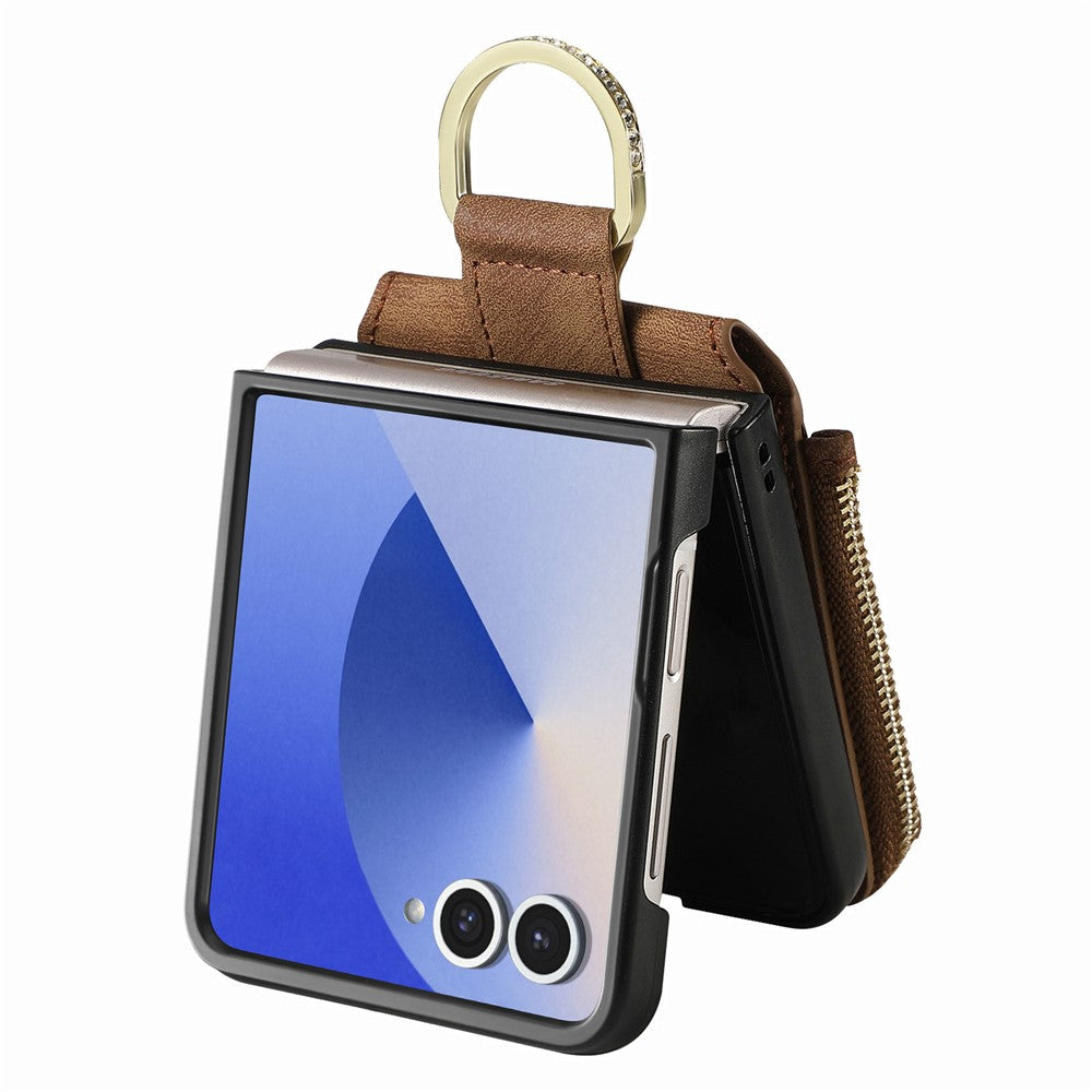 For Samsung Galaxy Z Flip7 5G Case Zipper Pocket Card Holder Retro Texture Leather Back Cover - Brown