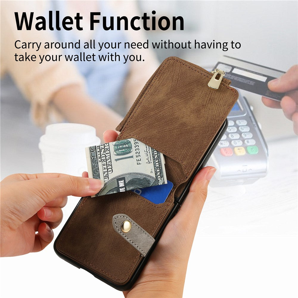 For Samsung Galaxy Z Flip7 5G Case Zipper Pocket Card Holder Retro Texture Leather Back Cover - Brown