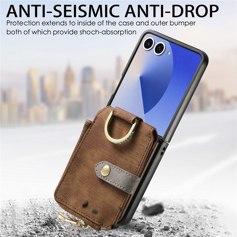 For Samsung Galaxy Z Flip7 5G Case Zipper Pocket Card Holder Retro Texture Leather Back Cover - Brown