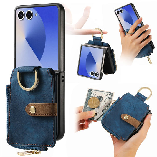For Samsung Galaxy Z Flip7 5G Case Zipper Pocket Card Holder Retro Texture Leather Back Cover - Blue