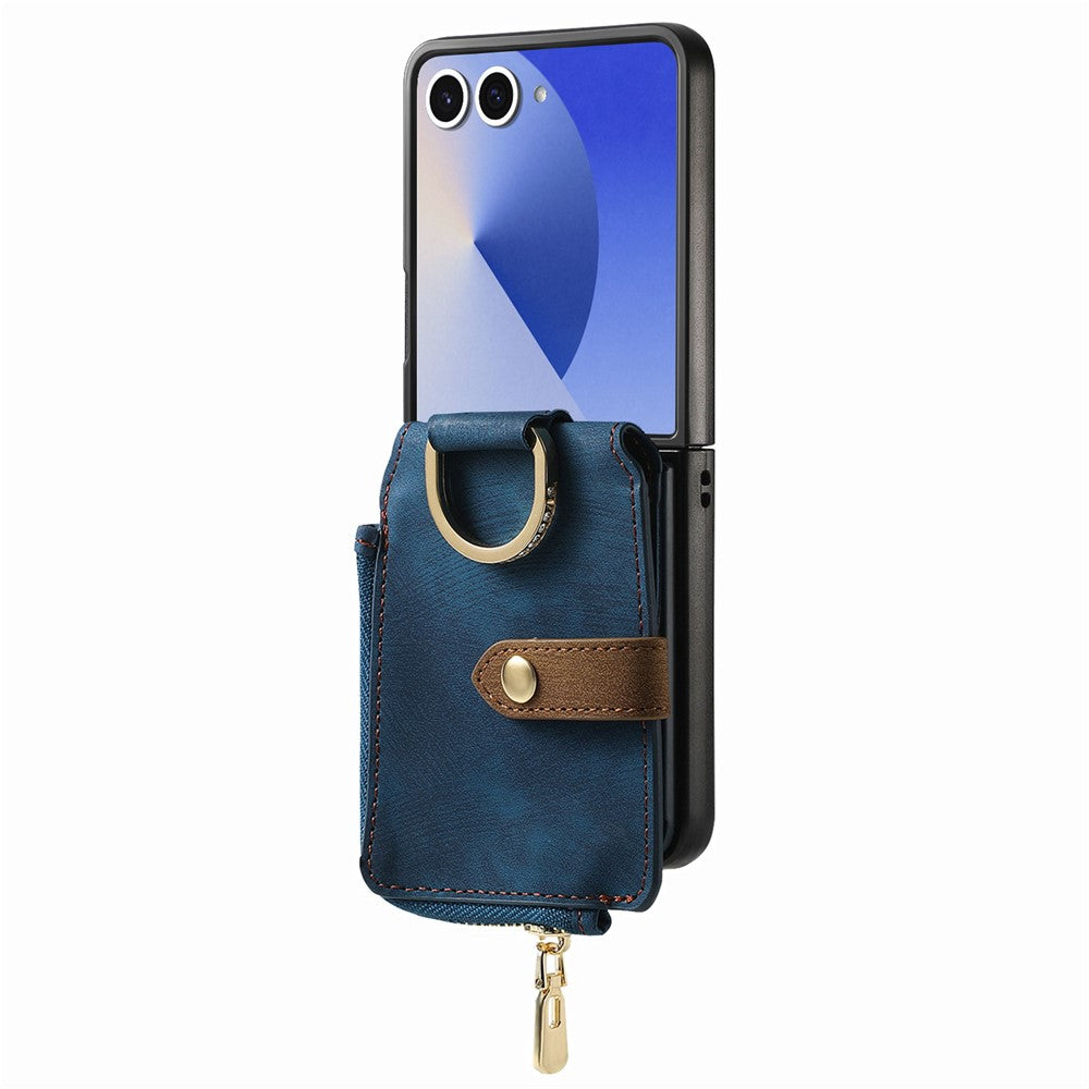 For Samsung Galaxy Z Flip7 5G Case Zipper Pocket Card Holder Retro Texture Leather Back Cover - Blue