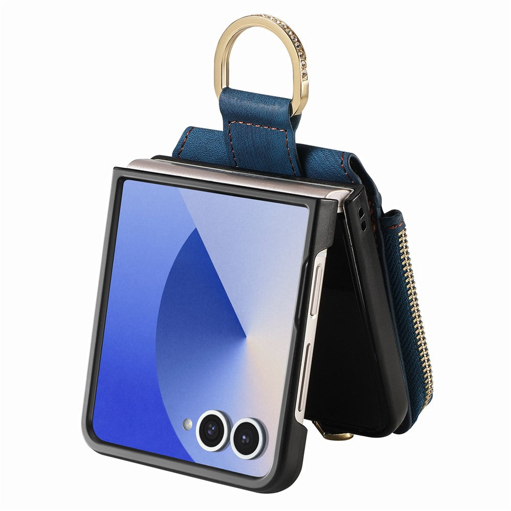 For Samsung Galaxy Z Flip7 5G Case Zipper Pocket Card Holder Retro Texture Leather Back Cover - Blue