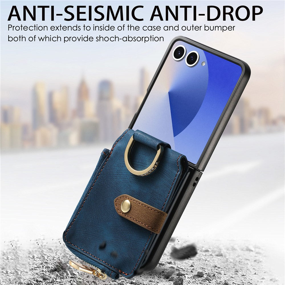 For Samsung Galaxy Z Flip7 5G Case Zipper Pocket Card Holder Retro Texture Leather Back Cover - Blue