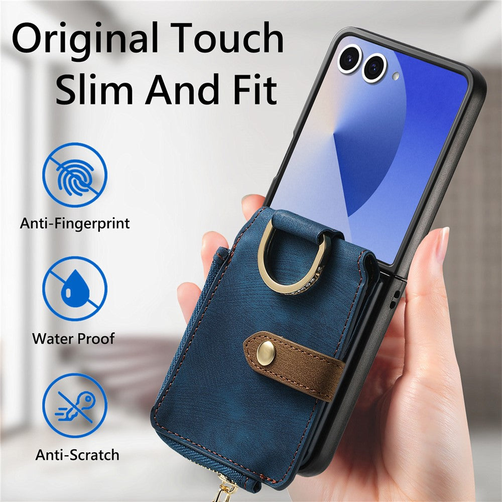 For Samsung Galaxy Z Flip7 5G Case Zipper Pocket Card Holder Retro Texture Leather Back Cover - Blue