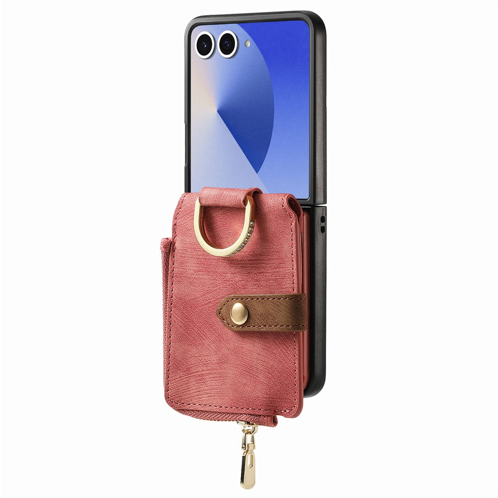 For Samsung Galaxy Z Flip7 5G Case Zipper Pocket Card Holder Retro Texture Leather Back Cover - Pink