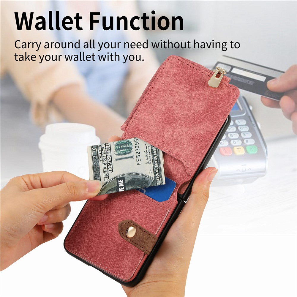 For Samsung Galaxy Z Flip7 5G Case Zipper Pocket Card Holder Retro Texture Leather Back Cover - Pink