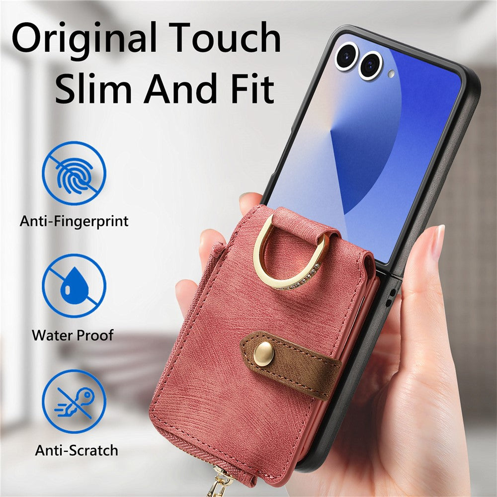 For Samsung Galaxy Z Flip7 5G Case Zipper Pocket Card Holder Retro Texture Leather Back Cover - Pink
