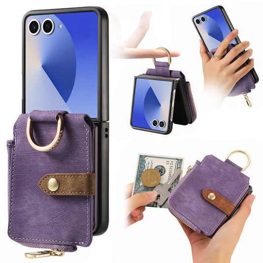 For Samsung Galaxy Z Flip7 5G Case Zipper Pocket Card Holder Retro Texture Leather Back Cover - Purple