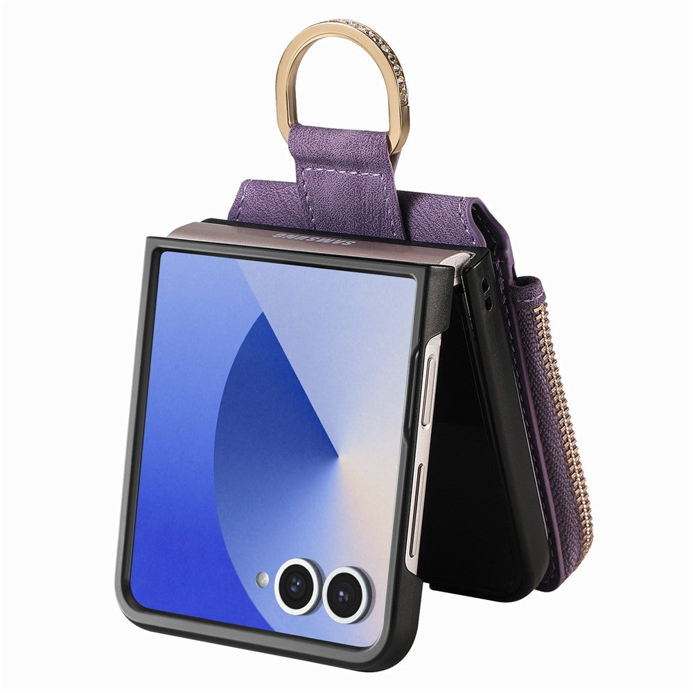 For Samsung Galaxy Z Flip7 5G Case Zipper Pocket Card Holder Retro Texture Leather Back Cover - Purple