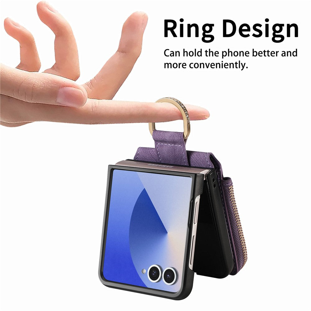 For Samsung Galaxy Z Flip7 5G Case Zipper Pocket Card Holder Retro Texture Leather Back Cover - Purple