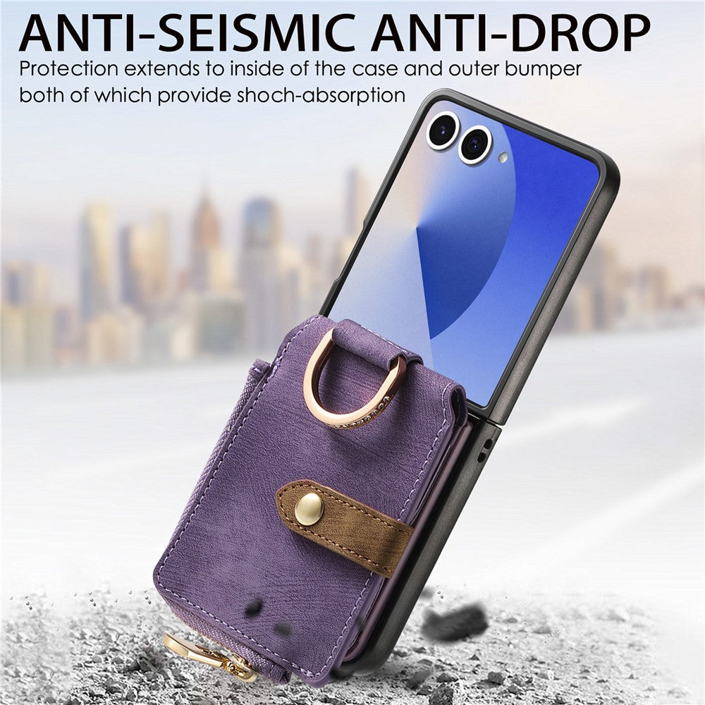 For Samsung Galaxy Z Flip7 5G Case Zipper Pocket Card Holder Retro Texture Leather Back Cover - Purple