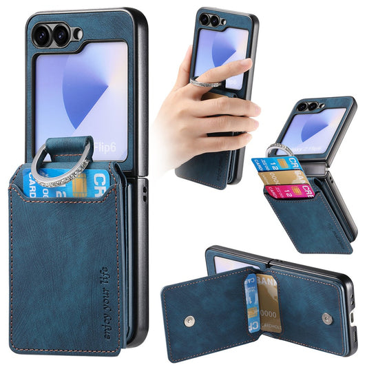 For Samsung Galaxy Z Flip7 FE 5G / Z Flip6 5G Case Card Holder Kickstand Retro Texture Leather Back Cover - Blue