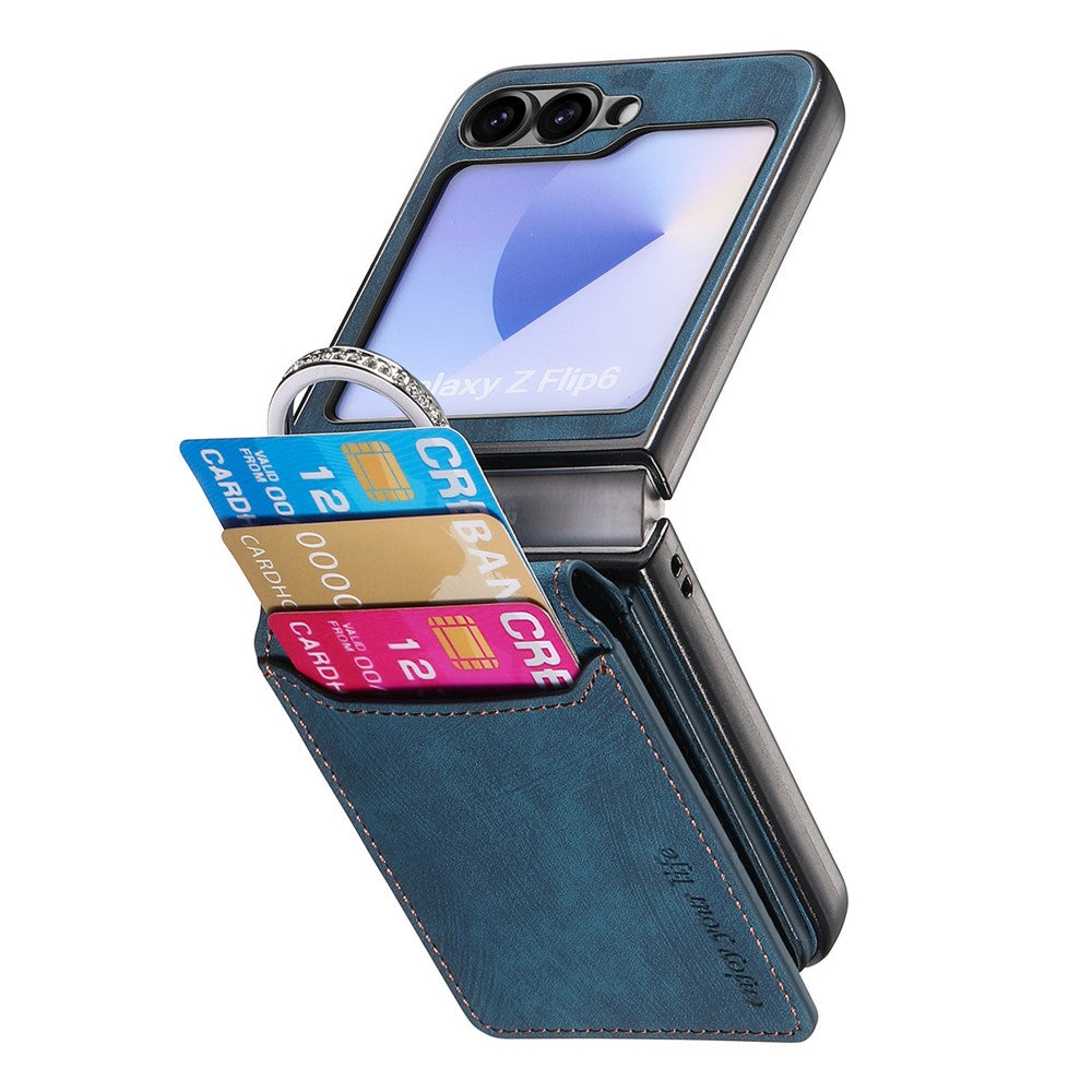 For Samsung Galaxy Z Flip7 FE 5G / Z Flip6 5G Case Card Holder Kickstand Retro Texture Leather Back Cover - Blue