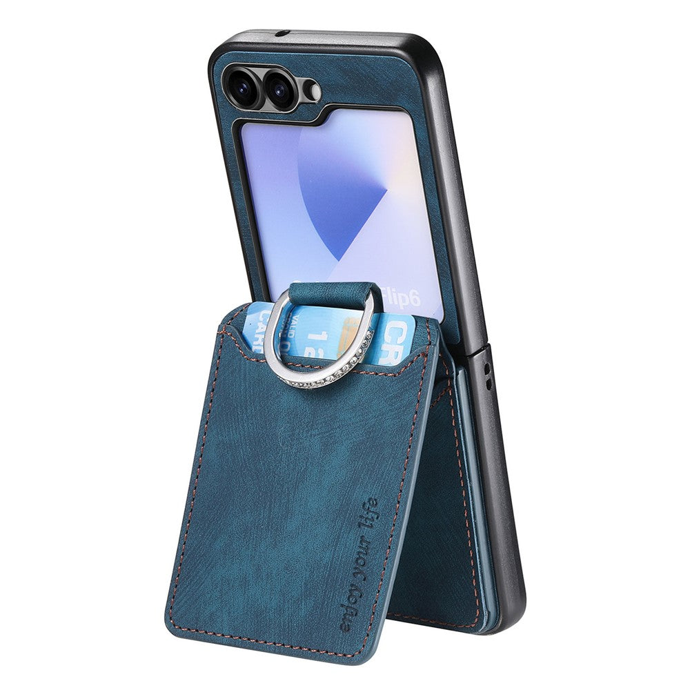 For Samsung Galaxy Z Flip7 FE 5G / Z Flip6 5G Case Card Holder Kickstand Retro Texture Leather Back Cover - Blue