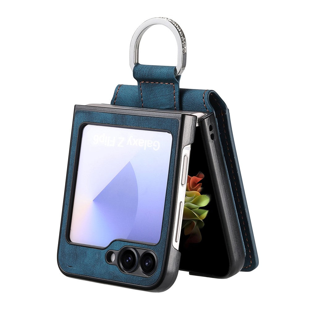 For Samsung Galaxy Z Flip7 FE 5G / Z Flip6 5G Case Card Holder Kickstand Retro Texture Leather Back Cover - Blue