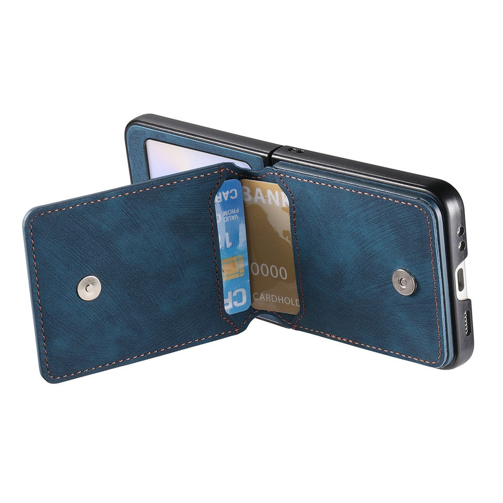 For Samsung Galaxy Z Flip7 FE 5G / Z Flip6 5G Case Card Holder Kickstand Retro Texture Leather Back Cover - Blue