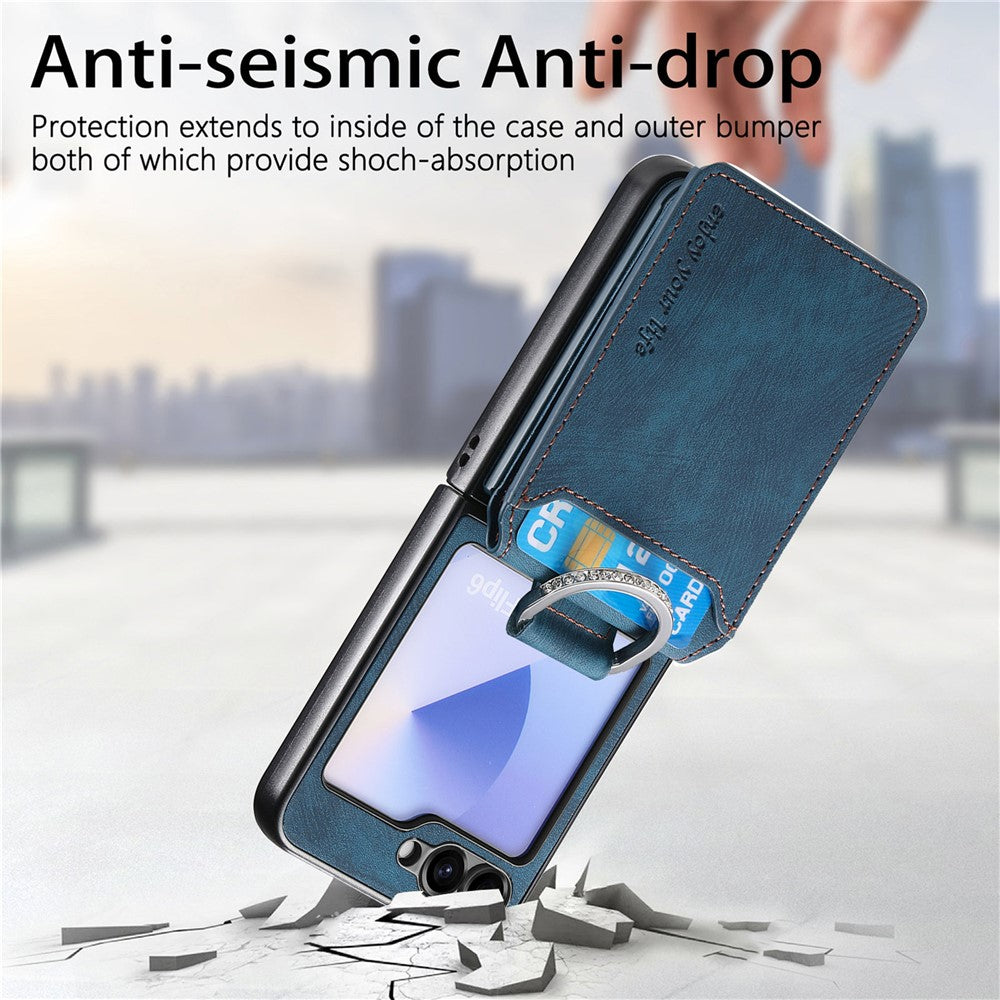 For Samsung Galaxy Z Flip7 FE 5G / Z Flip6 5G Case Card Holder Kickstand Retro Texture Leather Back Cover - Blue